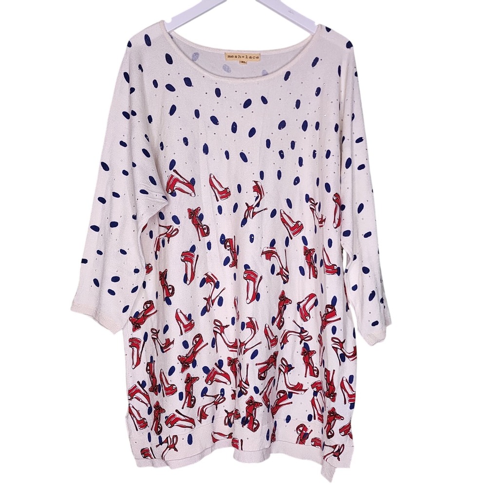 Mesh + Lace Sweater XL Ivory Red Blue Studded Pullover 3/4 Sleeve Shoes Heels - Picture 1 of 7